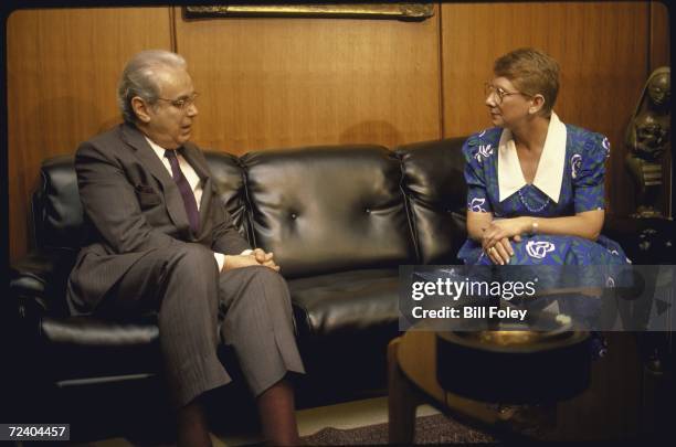 Secretary General Javier Perez de Cuellar talking with the wife of a man kidnapped in Lebanon while serving as a UN officer.