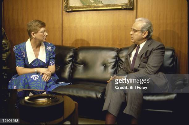 Secretary General Javier Perez de Cuellar talking with the wife of a man kidnapped in Lebanon while serving as a UN officer.