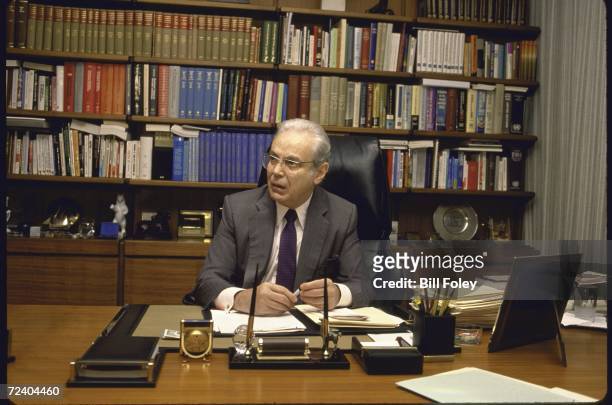 Secretary General Javier Perez de Cuellar talking in his office after a man was kidnapped in Lebanon while serving as a UN officer.