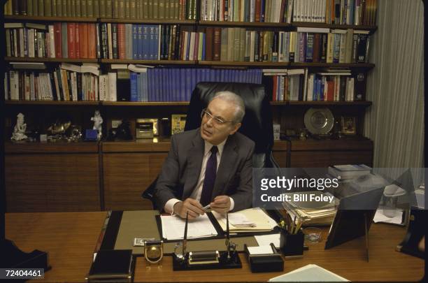 Secretary General Javier Perez de Cuellar talking in his office after a man was kidnapped in Lebanon while serving as a UN officer.
