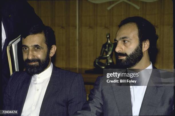 Iranian UN Mission Counselor Mohammad Javar Zarif sitting with Iranian Foreign Minister Ali Akbar Velayati during the UN mediated Iran-Iraq war peace...