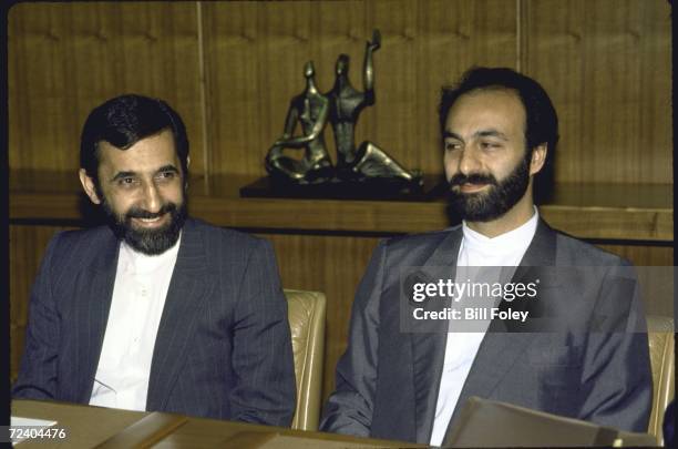 Iranian UN Mission Counselor Mohammad Javar Zarif sitting with Iranian Foreign Minister Ali Akbar Velayati during the UN mediated Iran-Iraq war peace...