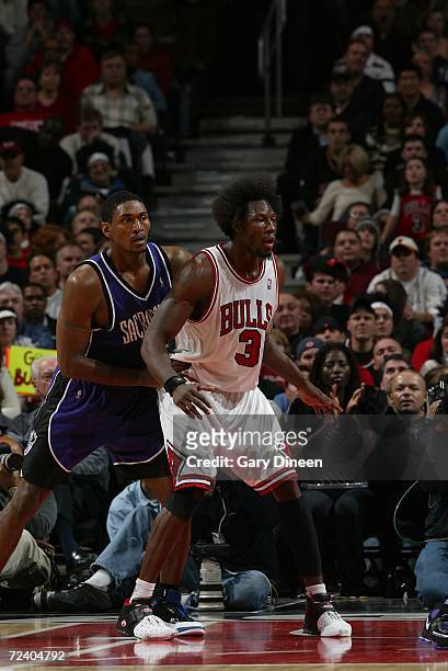 Ben Wallace of the Chicago Bulls posts up against Ron Artest of the Sacramento Kings on November 3, 2006 at the United Center in Chicago, Illinois....