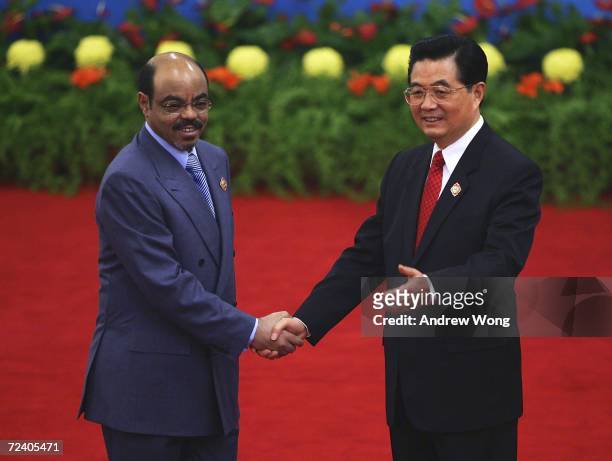 Ethiopia's Prime Minister Meles Zenawi is greeted by Chinese President Hu Jintao during the welcoming ceremony for representatives attending the...