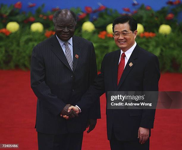 Kenya's President Mwai Kibaki is greeted by Chinese President Hu Jintao during the welcoming ceremony for representatives attending the Beijing...