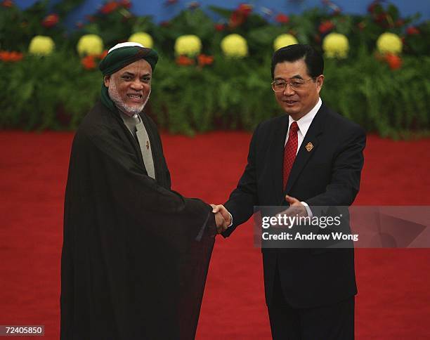 Comoran President Ahmed Abdallah Mohamed Sambi is greeted by Chinese President Hu Jintao during the welcoming ceremony for representatives attending...