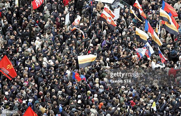 Moscow, RUSSIAN FEDERATION: Supporters of Russian national revival party "People volition" attend a rally near the monument of Russian famous writer...