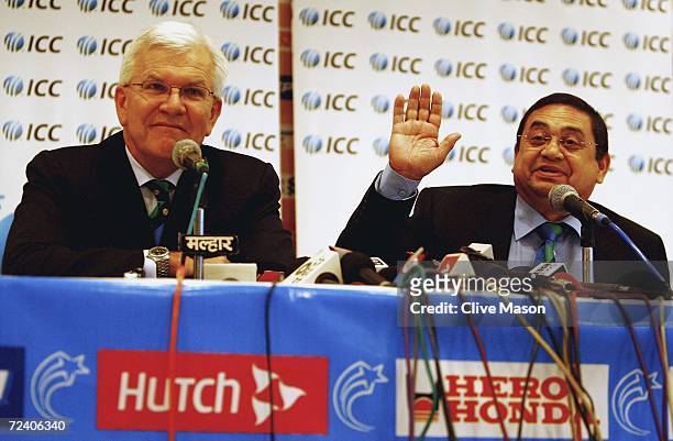 Malcolm Speed and Percy Sonn of the ICC talk to the media during a press conference ahead of the ICC Champions Trophy Final between Australia and...