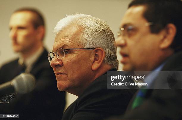 Malcolm Speed and Percy Sonn of the ICC talk to the media during a press conference ahead of the ICC Champions Trophy Final between Australia and...