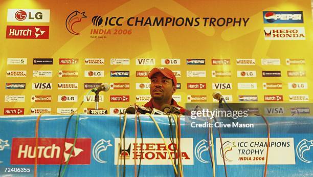 Brian Lara of West Indies talks during a press conference ahead of the ICC Champions Trophy Final between Australia and West Indies at the Brabourne...
