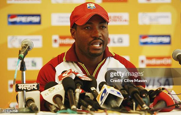 Brian Lara of West Indies talks during a press conference ahead of the ICC Champions Trophy Final between Australia and West Indies at the Brabourne...