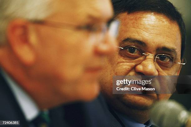 Malcolm Speed and Percy Sonn of the ICC talk to the media during a press conference ahead of the ICC Champions Trophy Final between Australia and...