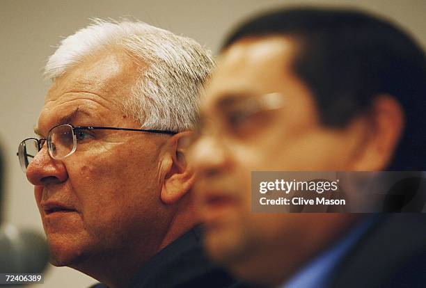 Malcolm Speed and Percy Sonn of the ICC talk to the media during a press conference ahead of the ICC Champions Trophy Final between Australia and...