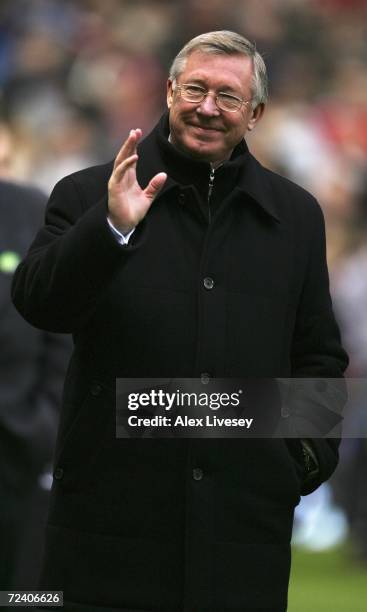 Manchester United Manager Sir Alex Ferguson acknowledges the crowd prior to the start of the Barclays Premiership match between Manchester United and...