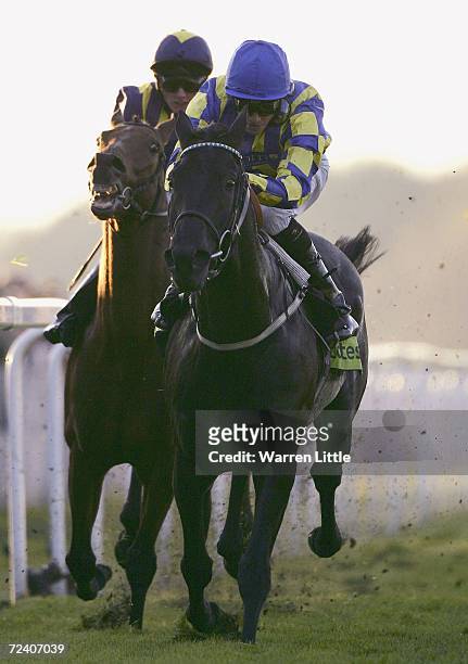 Group Captain ridden by Richard Hughes crosses the line to win The Totesport.com November Stakes at Royal Windsor Race Course on November 4, 2005 in...