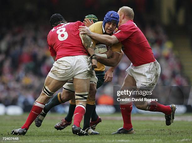 Nathan Sharpe of Australia is wrapped up by Ryan Jones and Martyn Williams of Wales during the Invesco International match between Wales and...