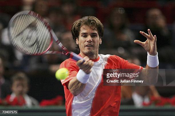 Tommy Haas of Germany plays a forehand in his match against Dominik Hrbaty of Slovakia in the semi finals on day six of the BNP Paribas ATP Tennis...