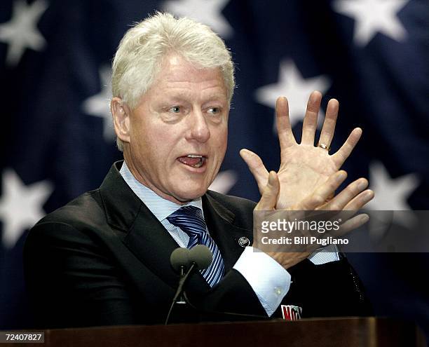 Former U.S. President Bill Clinton speakes at a rally at Wayne State University to support Michigan democrats November 4, 2006 in Detroit, Michigan....