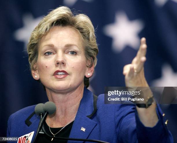 Michigan Gov. Jennifer Granholm speaks at a rally at Wayne State University to support Michigan democrats November 4, 2006 in Detroit, Michigan....