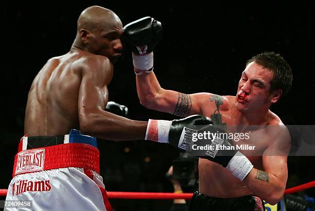 Santos Pakau of New Zealand connects to the head of Paul Williams during their welterweight fight at the Mandalay Bay Events Center November 4, 2006...