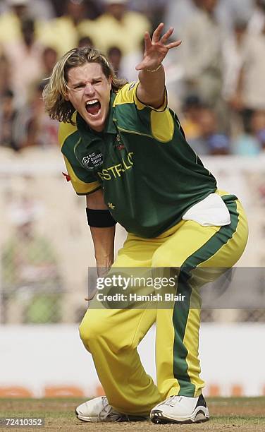 Nathan Bracken of Australia appeals unsuccessfully against Chris Gayle of the West Indies during the final of the ICC Champions Trophy between...