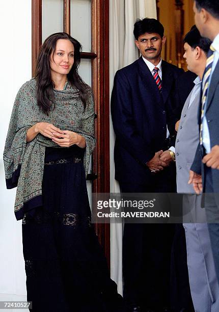 Hollywood film actress and UNHCR good-will ambassador, Angelina Jolie leaves after meeting with the Indian Minister of State for External Affairs,...