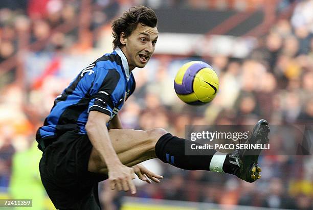 Inter Milan's forward Zlatan Ibrahimovic of Sweden controls the ball during their Serie A football match against Ascoli at San Siro stadium in Milan,...