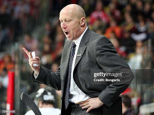 Doug Mason coach of Cologne reacts during the DEL Bundesliga game between Hanover Scorpions and Cologne Haie at the TUI Arena on November 5, 2006 in...