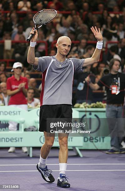 Nikolay Davydenko of Russia celebrates defeating Dominik Hrbaty of Slovakia in the final during day seven of the BNP Paribas ATP Tennis Masters...