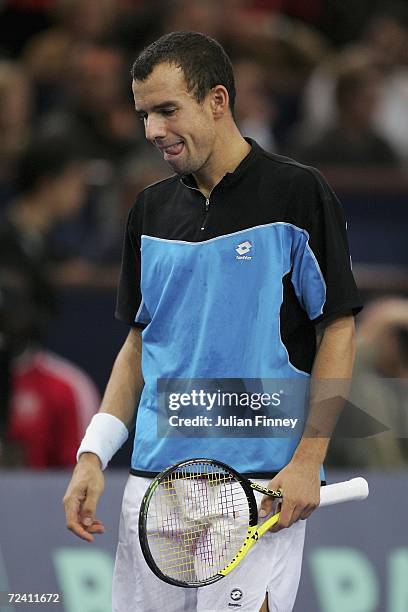 Dominik Hrbaty of Slovakia looks on in his match against Nikolay Davydenko of Russia on day seven of the BNP Paribas ATP Tennis Masters Series at the...