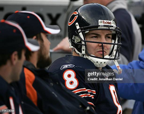 Rex Grossman of the Chicago Bears watches the defense from the bench during a game against the Miami Dolphins on November 5, 2006 at Soldier Field in...