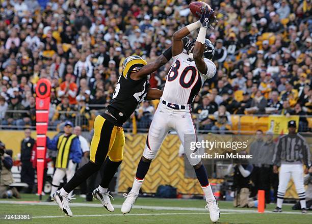 Rod Smith of the Denver Broncos catches a touchdown pass in the first quarter against Deshea Townsend of the Pittsburgh Steelers during their game on...