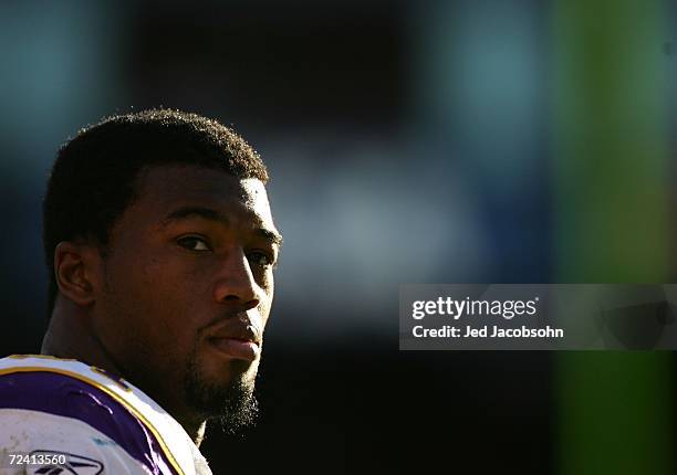 Ray Edwards of the Minnesota Vikings looks on against the San Francisco 49ers during an NFL game at Monster Park on November 5, 2006 in San...