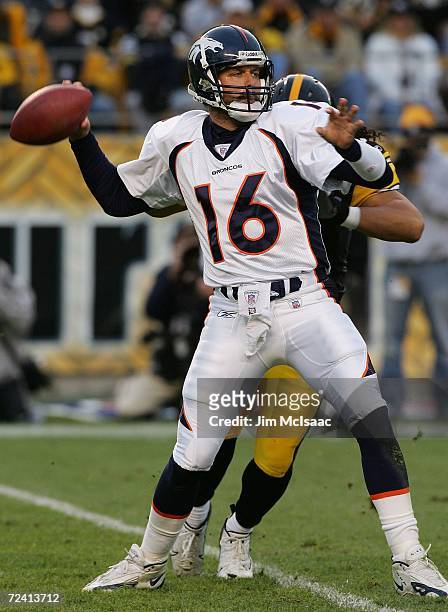 Jake Plummer of the Denver Broncos throws a pass against the Pittsburgh Steelers during their game on November 5, 2006 at Heinz Field in Pittsburgh,...