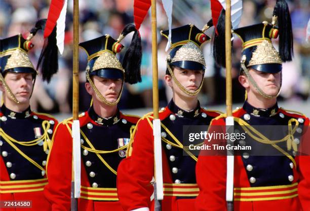 Troops of the 16th/5th The Queen's Royal Lancers in ceremonial uniform at the amalgamation parade of the 16th/5th Queen's Royal Lancers and the...