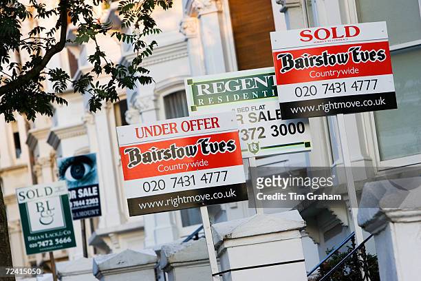 For Sale, Under Offer and Sold signs, West Hampstead, London, UK.