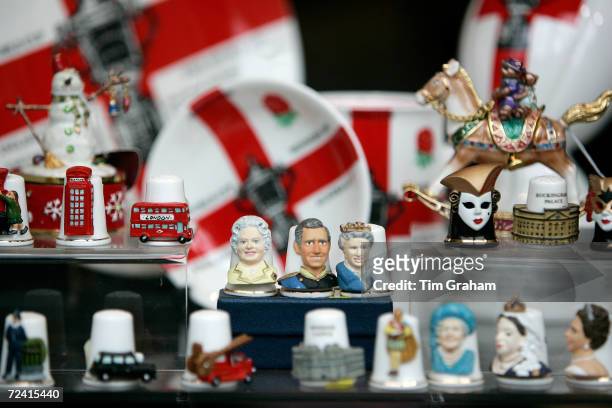 Royal memorabilia souvenirs in a shop window, United Kingdom.