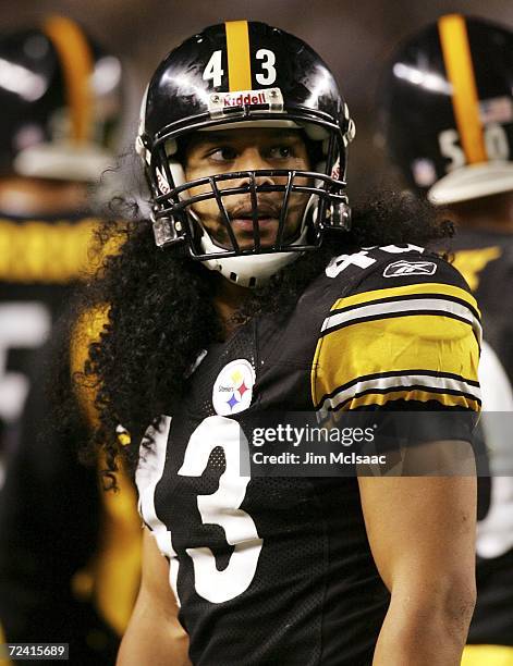 Troy Polamalu of the Pittsburgh Steelers looks on against the Denver Broncos during their game on November 5, 2006 at Heinz Field in Pittsburgh,...