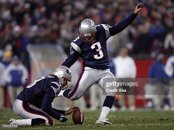 Stephen Gostkowski of the New England Patriots misses a field goal as Josh Miller holds against the Indianapolis Colts at Gillette Stadium on...