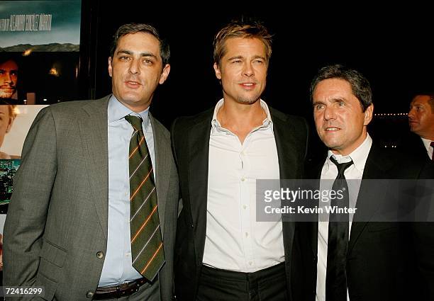 President Paramount Vantage John Lesher, actor Brad Pitt and CEO of Paramount Pictures Brad Grey arrive at the Paramount Vantage premiere of "Babel"...