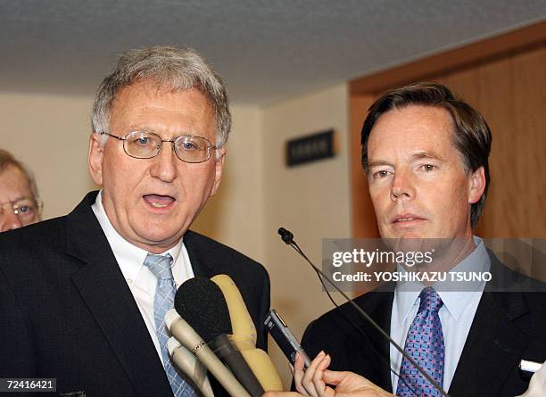 Under Secretary of State Robert Joseph , accompanied by Nicholas Burns , speaks to reporters after they met with Japanese Foreign Minister Taro Aso...