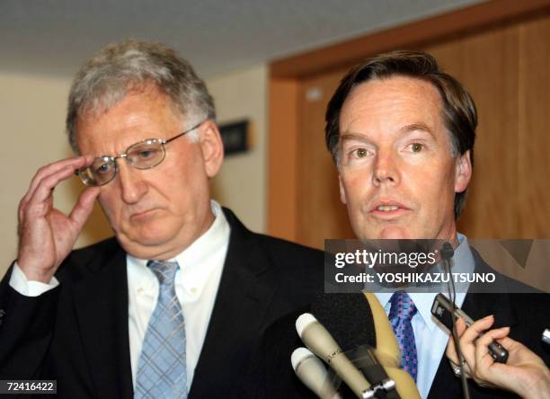 Under Secretary of State Nicholas Burns , accompanied by Robert Joseph , speaks to reporters after they met with Japanese Foreign Minister Taro Aso...