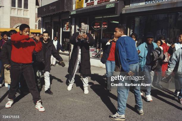 Confrontation between teenage boys in a street in the Upper West Side of Manhattan, New York City, circa 1987.