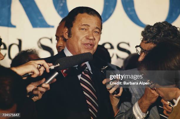 Former United States Senator from Massachusetts, Edward Brooke III after conceding victory to the challenger, Paul Tsongas, 7th November 1978.