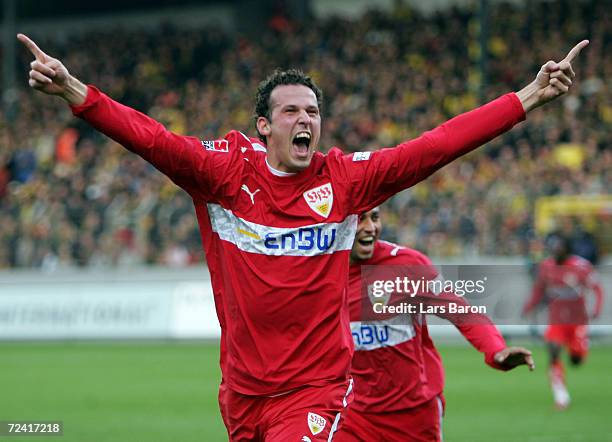 Marco Streller of Stuttgart celebrates scoring the fourth goal during the Bundesliga match between Alemannia Aachen and VFB Stuttgart at the Tivoli...