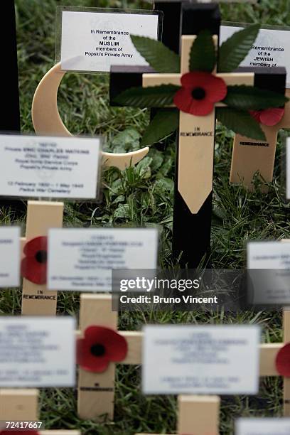 Crescent moon representing Muslim soldiers stands among crosses bearing remembrance poppies in the Royal British Legion Poppy Factory Field of...