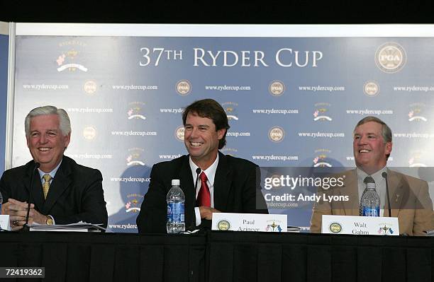 Roger Warren, the President of the PGA of America, Paul Azinger and Walt Gahm, the General Chairman of the Ryder Cup are pictured during the press...