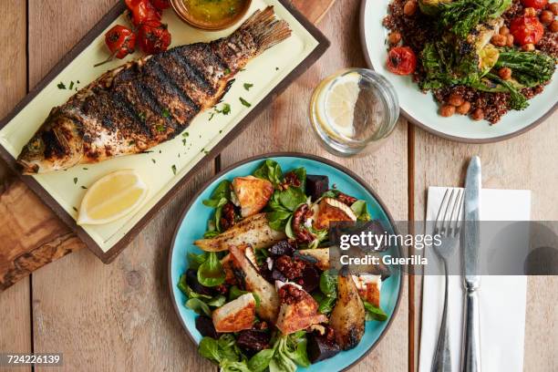 three mediterranean and middle eastern dishes, overhead view - quinoa and chickpeas stock pictures, royalty-free photos & images