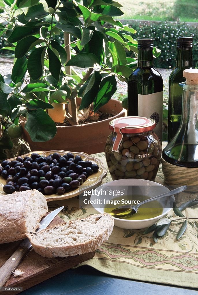 Olives olive oil and bread