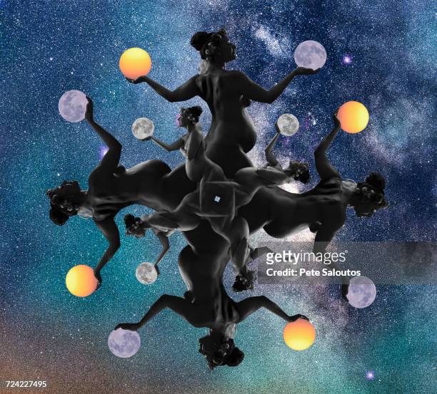 pattern created by multiple exposure of nude, pregnant woman, holding sun and moon - goddess stock pictures, royalty-free photos & images